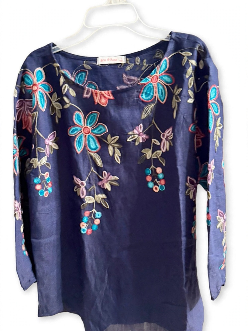 Navy Floral Embroidered Boho Tunic Women's Top. New without tags